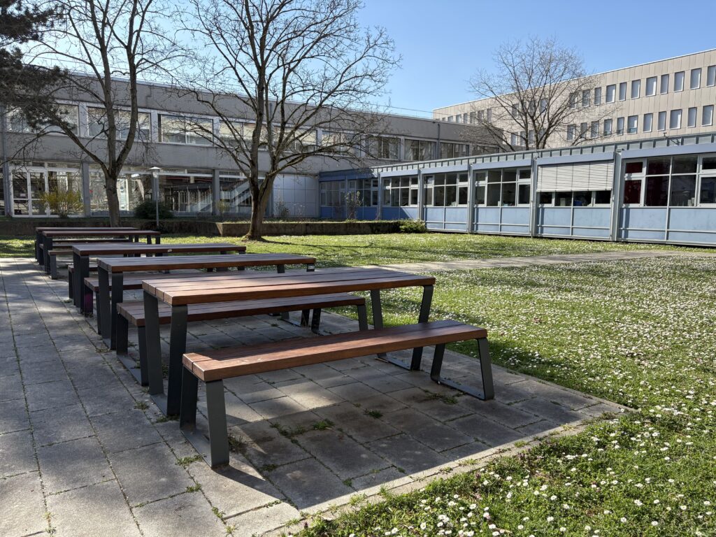 Feste Picknicktische mit Bänken auf asphaltiertem Untergrund im Vordergrund. Im Hintergrund ist eine grüne Wiese mit Bäumen zu sehen.